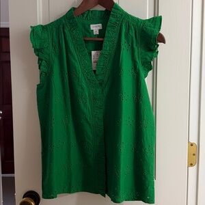 NWT J. Crew Emerald Green Eyelet Flounce Ruffle Sleeve V-Neck Tank